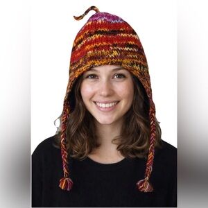 100% Wool Colorful Fully Fleece Lined Hat Ear Flaps Made In Nepal Boho Skiing
